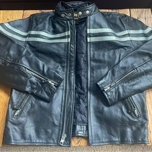 Black leather motto style biker jacket; size 44